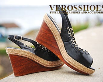 Black Leather peep-toe wedge sandals, Comfort Women's Shoes