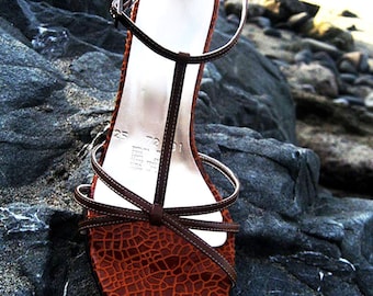 Brown Croco animal print Leather wedge sandals
