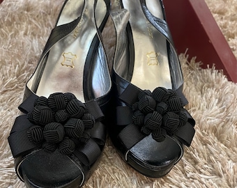 Black Leather Platform Pumps: Open Toe High Heel Sandals