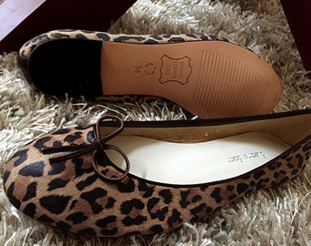 Handmade print leopard leather ballet flats, Genuine print leather flats, Print leather women's flats.