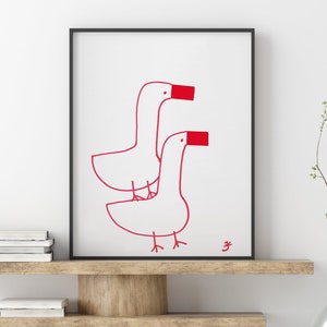 Zwei Gänse Kinderzimmer Druck, Digital Download, Bauernhaus Dekor, roter Akzent Hausdekoration, Ostergeschenk, niedliche rote Gänse, moderne Wandkunst