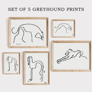 Set von 5 Greyhound Prints, digitaler Download, Galgo Hund Zeichnungen, Whippet Wandkunst, Minimalist Greyhound Poster, Hundeliebhaber Geschenk, Hunde Bundle