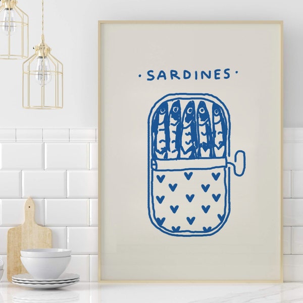 Sardines in a Heart Vintage Tin Print, Dinner Room Decor, Kitchen Wall Art, Blue Fish Art, Valentines Day Gift, Nautical Art, Food Printable