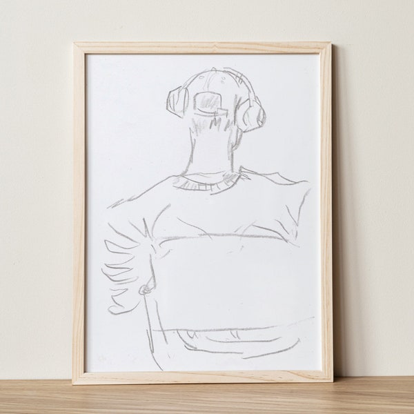 Music Art Print, Boy with Headphones Print, Wall Art, Sketch of a boy, Gift for him, Simple and Minimalist Art, Teen Boy Room Decor