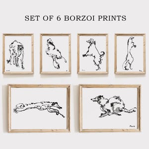 6 Barsoi Prints, sofortiger Download, Barsoi Hund Liebhaber Geschenk, schwarz und weiß Barsoi Kunst, Bundle Barsoi Hund Poster, Barsoi Adoption Wandkunst