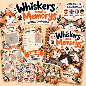 Puede incluir: Un conjunto de descarga digital titulado Whiskers and Memorys que incluye un diario de espiral, páginas para fotos y pegatinas. El diseño presenta ilustraciones de gatos, huellas y motivos florales en tonos naranja, marrón y blanco.