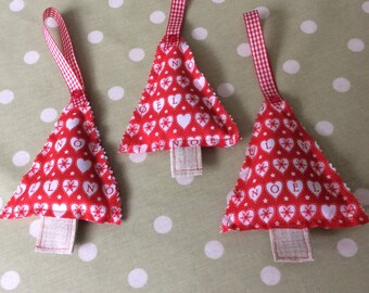 Set of 3 Fabric Christmas Tree Decorations.Red/White Scandi style -filled with Lavender