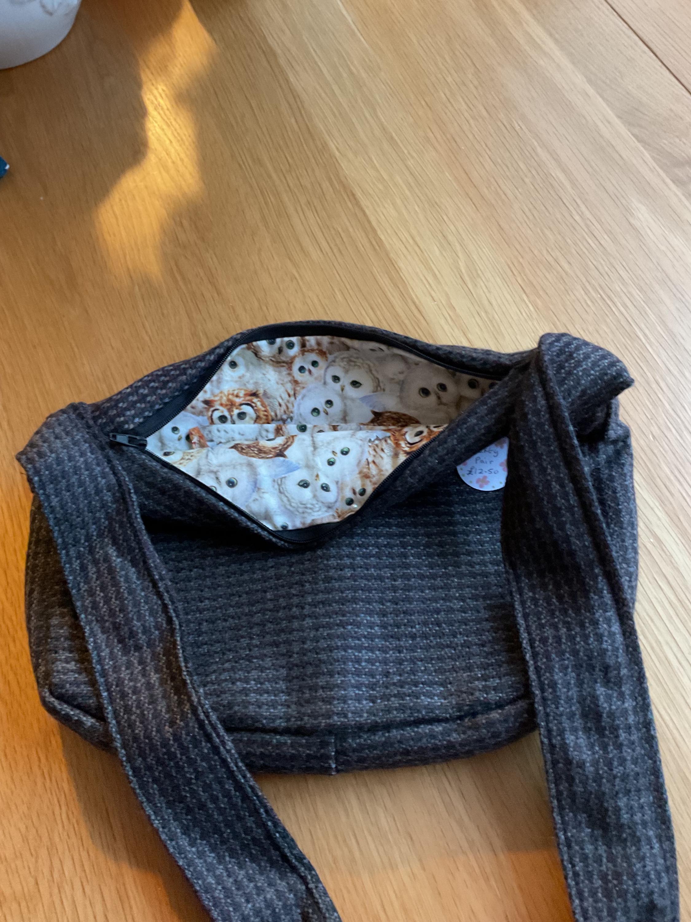 Dark Brown Tweed Shoulder bag/ Lined with Owl Fabric