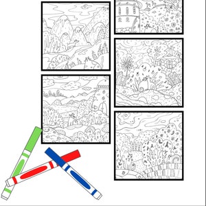 Puede incluir: Un libro para colorear titulado "Cats in the Garden" con seis ilustraciones detalladas en blanco y negro de gatos en escenas de jardín caprichosas. Tres marcadores de colores, verde, rojo y azul, están en primer plano.