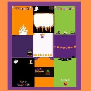 May include: A collage of Halloween-themed digital art pieces. Each piece features a different background color, including orange, black, purple, and green. The designs include a haunted house, ghosts, pumpkins, and the text "Happy Halloween".