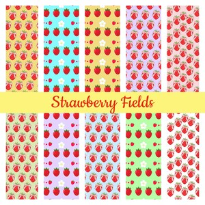 Op de afbeelding: Een verzameling kleurrijke patroonontwerpen met rode aardbeien en witte bloemen op verschillende achtergronden. De tekst "Strawberry Fields" wordt weergegeven in een gele banner. Geschikt voor stof of papier, met een fruitig thema.