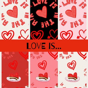 Könnte beinhalten: Eine Collage mit Designs zum Valentinstag. Das Bild zeigt rote Herzen, den Satz „LOVE IS...“ und den Text „LOVE IS IN THE AIR“. Die Designs umfassen herzförmige Kuchen und verschiedene Herzillustrationen auf unterschiedlich farbigen Hintergründen.