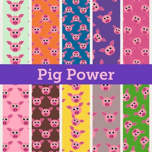 May include: A collection of colorful patterns featuring cartoon pig faces. The patterns are displayed on vertical strips with backgrounds in various colors, including green, orange, blue, and pink. The text "Pig Power" is displayed across the center.