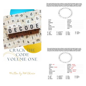 May include: A puzzle book called "Crack the Code Volume One" featuring the word "DECODE" in wooden blocks. The book includes a decoder ring and coded words to solve. The cover is white with yellow and blue accents. The author is MK Chirco.