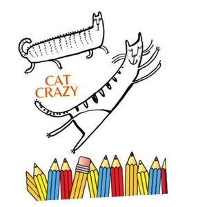 Puede incluir: Ilustración caprichosa con dos gatos estilizados en blanco y negro, con el texto naranja "CAT CRAZY". Una fila de lápices de colores en amarillo, rojo y azul acentúa la parte inferior de la imagen.