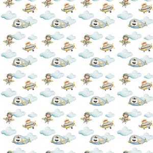 May include: Watercolor pattern featuring airplanes, pilots, and clouds. The airplanes are light blue with yellow propellers, and the pilots wear aviator helmets. The clouds are a soft blue-gray, creating a whimsical, repeating design.