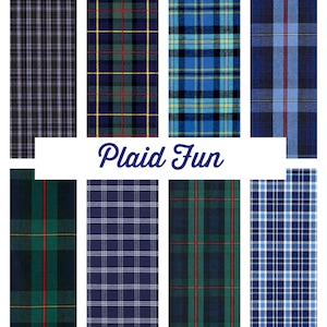 May include: An assortment of eight plaid fabric swatches in various color combinations. The swatches feature patterns in shades of blue, green, red, yellow, and white. The words "Plaid Fun" are written in a cursive font.