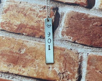 901 silver bar vertical necklace - love Memphis - Tennessee - hand stamped - customizable - area code necklace