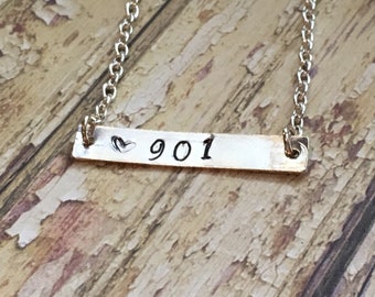901 silver bar horizontal necklace - love Memphis - Tennessee - hand stamped - customizable - area code necklace