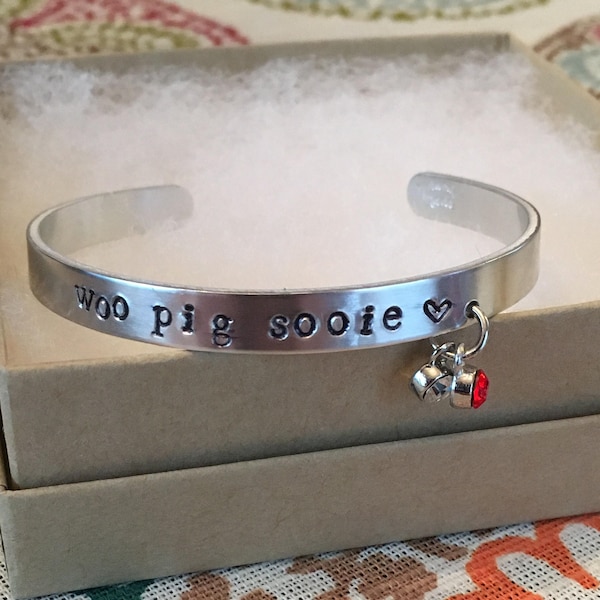 University of Arkansas | woo pig sooie | Razorbacks | Fayetteville | silver cuff bracelet with charms | hand stamped