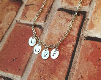 love charm necklace - hand stamped - silver necklace - charm necklace