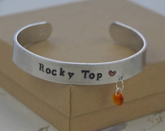 University of Tennessee | UT | Rocky Top | Knoxville | Big Orange | silver cuff bracelet with charm | hand stamped