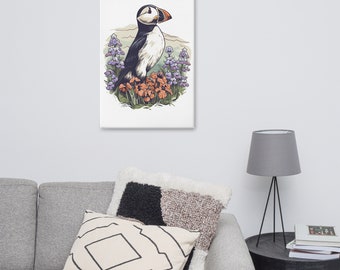 Ukiyo E styled Puffin in Lupines Canvas Print