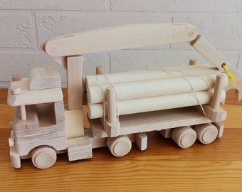 Big log truck with crane, wooden timber transport truck, toys for paint, eco toys, unfinished wood car, gift for birthday, Children&#39;s Day