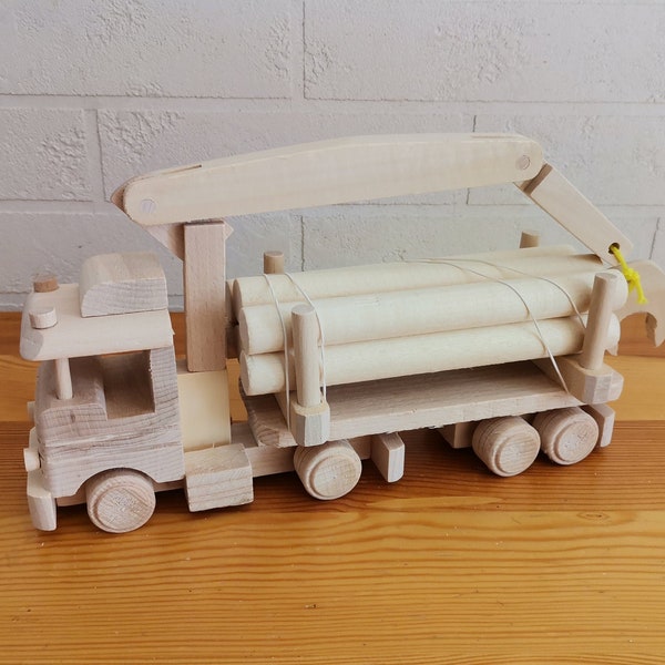 Big log truck with crane, wooden timber transport truck, toys for paint, eco toys, unfinished wood car, gift for birthday, Children's Day