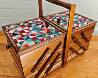 Wooden Sewing Box Organizer, Large Accordion Sewing Box, Upholstered Sewing Storage Box, Fold Out Sewing Kit Organizer, Wood Craft Storage