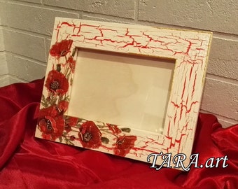 Decoupage frame, wooden frame,  home decor, wall decor, wood frame, small picture frame, photo frame, home decor, flowers, red poppies.