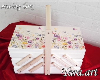 White sewing box with lids, storage box made from real wood, very big organizer for sewing stuff, jewelry casket, cosy field flowers motive