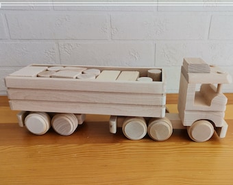 Large Wooden Truck with Blocks: Montessori Toy, Natural Wood Lorry
