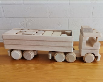 Großer LKW mit 12 Holzblöcken, großer unbemalter Lkw, Montessori Spielzeug, naturbelassenes Holzspielzeug, Geschenk für Kleinkinder, Baby Geburtstagsgeschenk