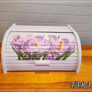 Decoupage bread box, wooden bread bin, modern bread box, large white bakery organizer, decorative kitchen storage box with violet flowers