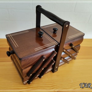 Wooden storage organizer for sewing kit, sewing box wood, fold out box, dark brown jewelry box, handmade box, wooden storage for supplies