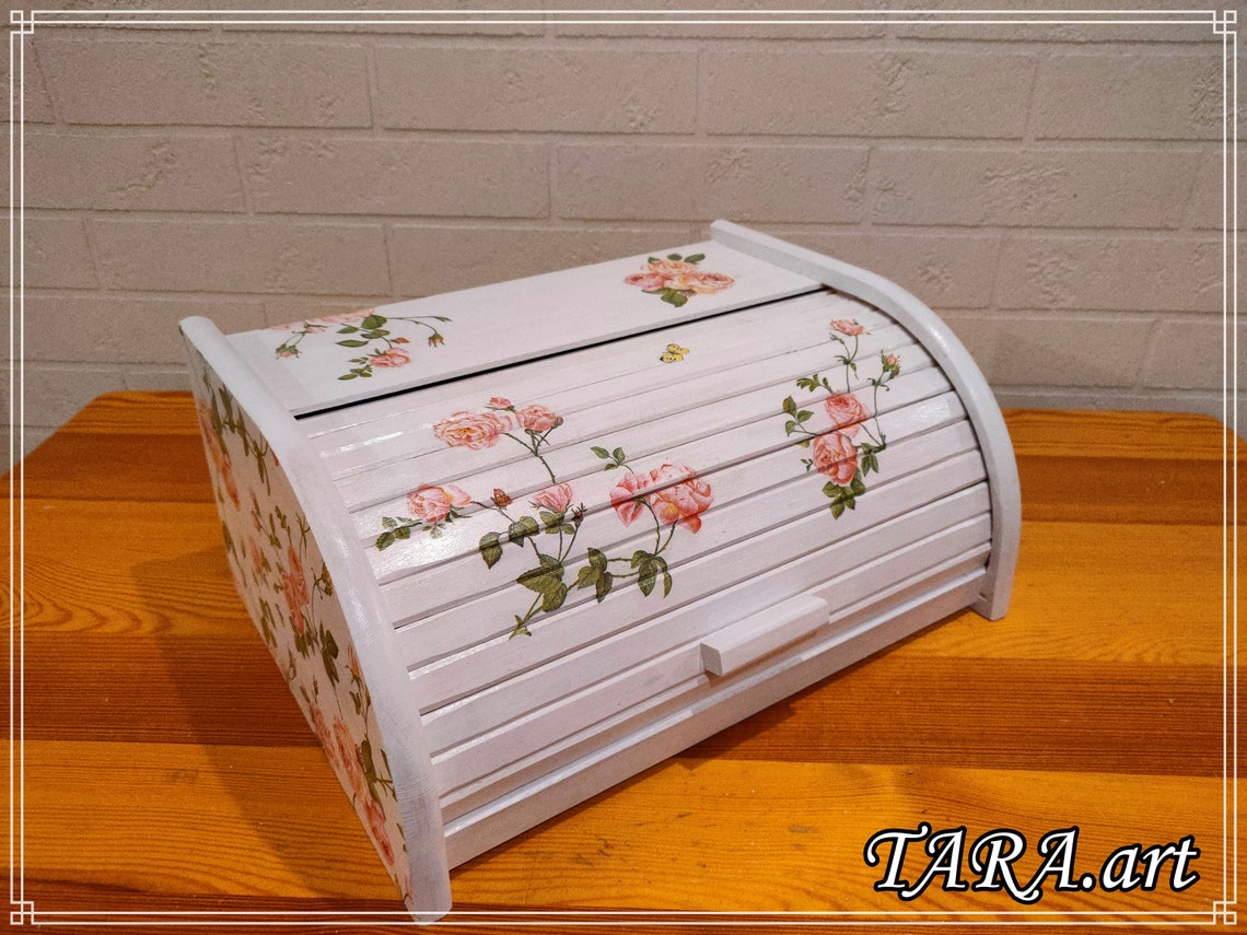 White Wooden Bread Box Decorated With Decoupage Wooden Bread Etsy