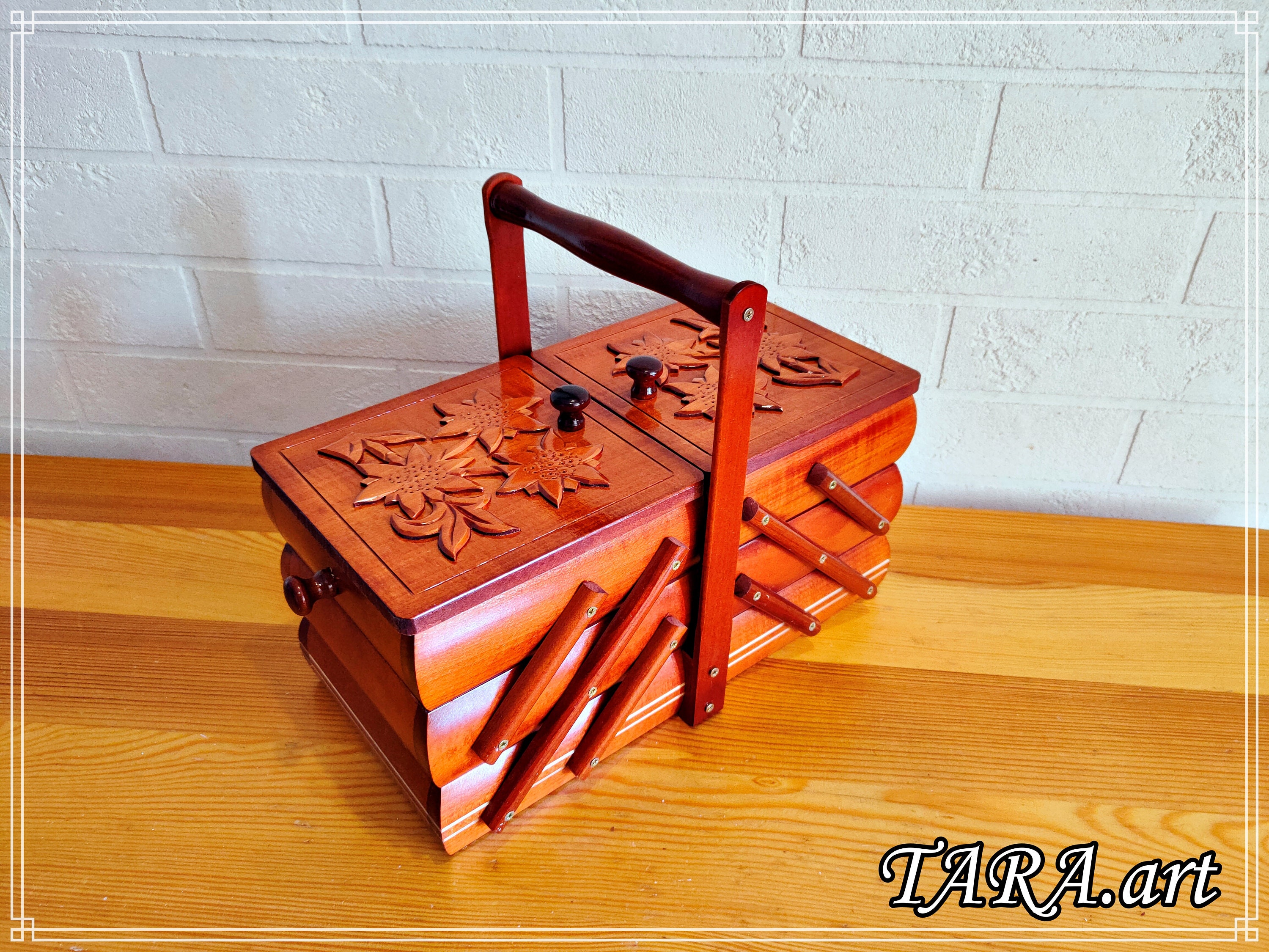 Wooden Sewing Box, 3d Pattern on the Lids, Folding Storage Box From ...