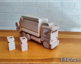 Big garbage truck, wooden truck with 2 garbage cans, toys for paint, eco toys, unfinished wood car, big vehicle from wood, Children's gift