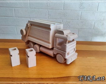 Big garbage truck, wooden truck with 2 garbage cans, toys for paint, eco toys, unfinished wood car, big vehicle from wood, Children's gift