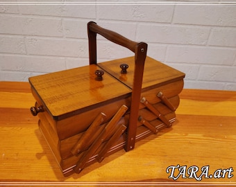 Wooden organizer for jewellery or sewing kit, sewing box wood, fold out storage box, accordion sewing box, light brown box, boite à couture