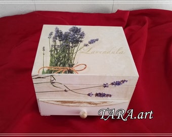 Decoupage Jewelry Box with Mirror & Drawer: Lavender Flower Wooden Holder