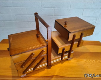 Caja de costura grande, caja de almacenamiento de madera para kit de costura, caja plegable para joyas, caja de costura de madera marrón claro tipo acordeón, caja con tapas elegantes
