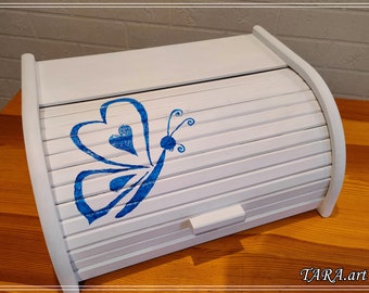 White big bread box with handpainted blue butterfly, bread bin made from wood, white painted bread box, wooden kitchen storage, modern style