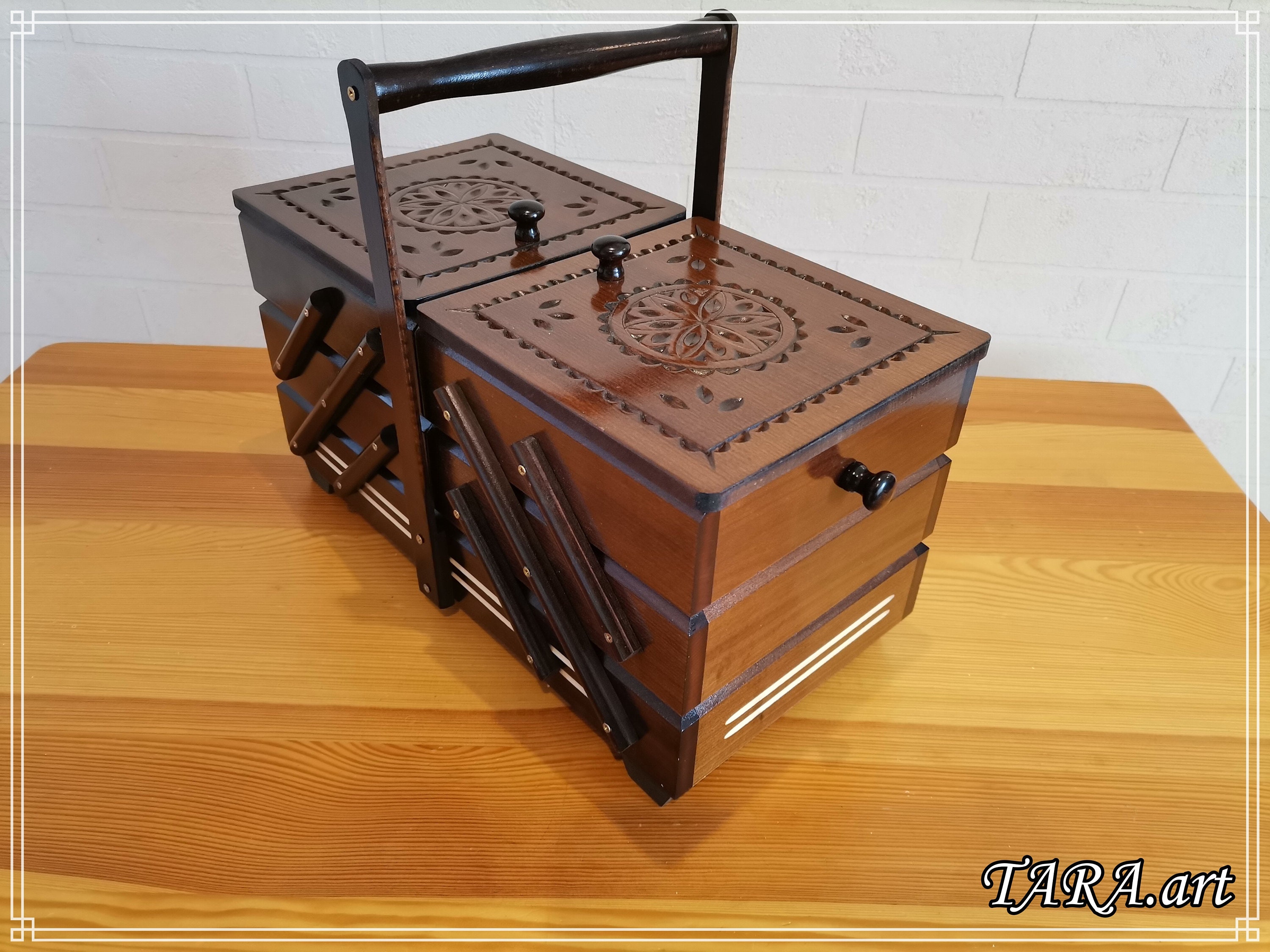 Brown Sewing Box Wood Storage Box for Sewing Kit Fold Out Etsy UK