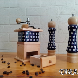 Set of 3 manual grinders, Salt pepper and coffee mill made from wood and porcelain, Handmade wooden and ceramic kitchen tools, Grandma Gift