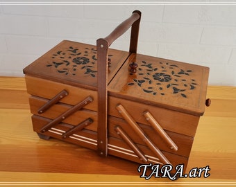 Caja de costura marrón, caja de almacenamiento de madera para kit de costura, caja plegable para joyas, caja de costura de madera grande tipo acordeón, caja de costura con tapas superiores