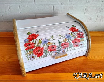 Big bread box from wood, white bread bin with red poppies, kitchen storage decorated with decoupage, best anniversary wedding birthday gift