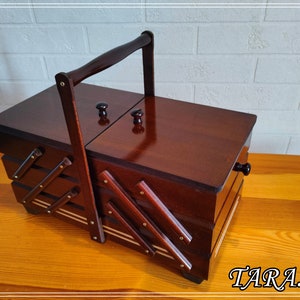 Elegant sewing box, beautiful storage box, dark brown wooden box, large keepsake box with handle, best gift for grandma mother sister friend