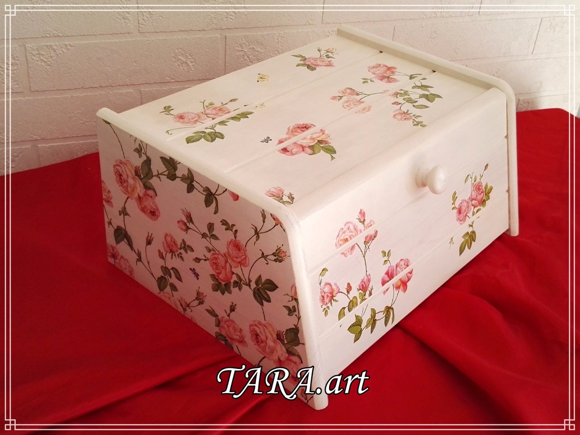 White Wooden Bread Box Decorated With Decoupage Wooden Bread Etsy